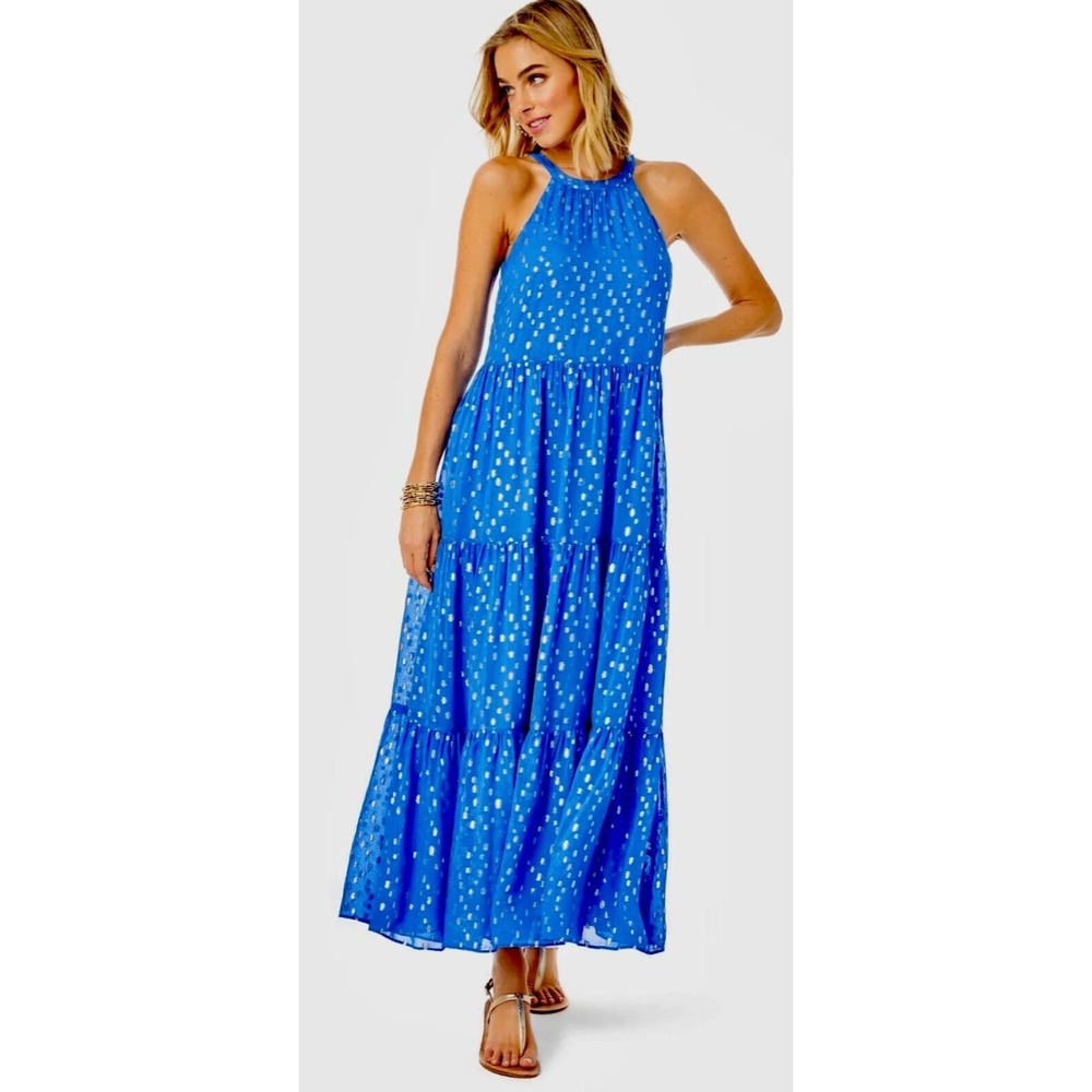 Lilly Pulitzer NWT L Beccalyn Maxi Dress Boca Blue Viscose Metallic Clip Dobby
